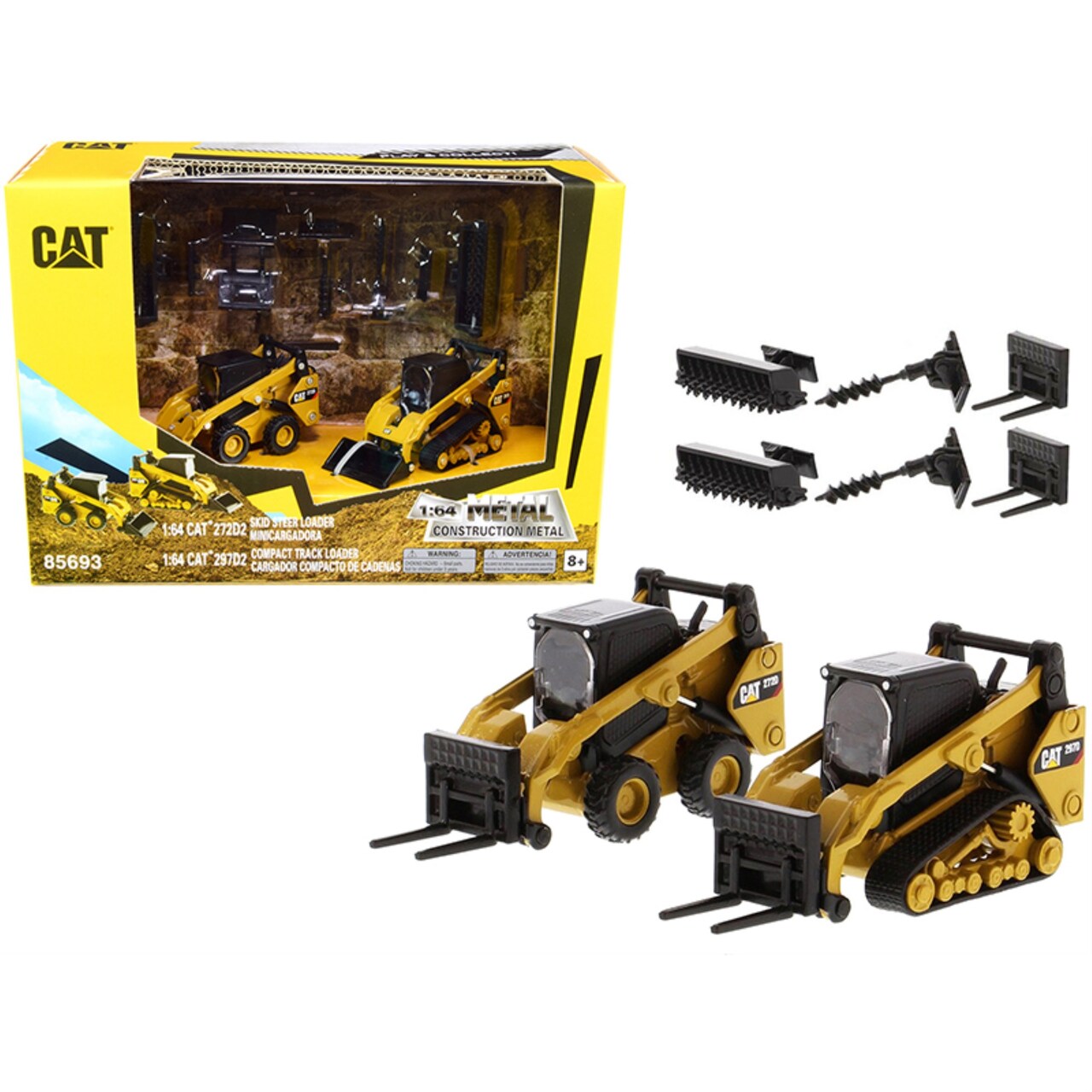 Set Of 2 Pieces Cat Caterpillar 272D2 Skid Steer Loader And Cat Caterpillar 297D2 Compact Track Loader With Accessories 1/64 Diecast Models By Diecast Masters